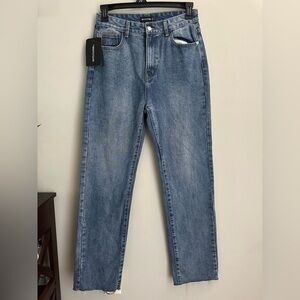 Pretty Little Thing Medium Blue Whash Long Straight Leg Raw Hem Jeans 8